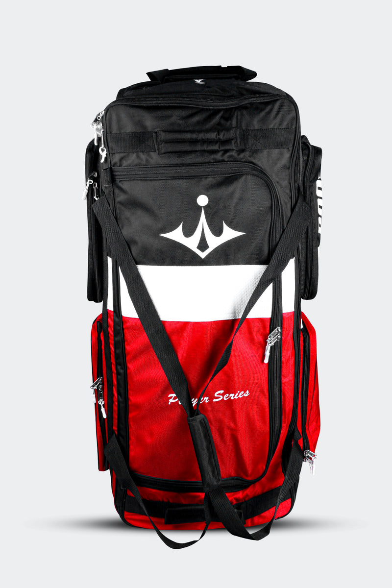 Evolution Player’s Series Wheelie Bag – premium 2100 Denier nylon cricket bag with structured stand-up box design, twin internal bat compartment, large lined main storage area, four external pockets including ‘Cool Zone’ for drinks, separate clothing section, triple wheel base, ergonomic dual handle system, and large top lid pocket