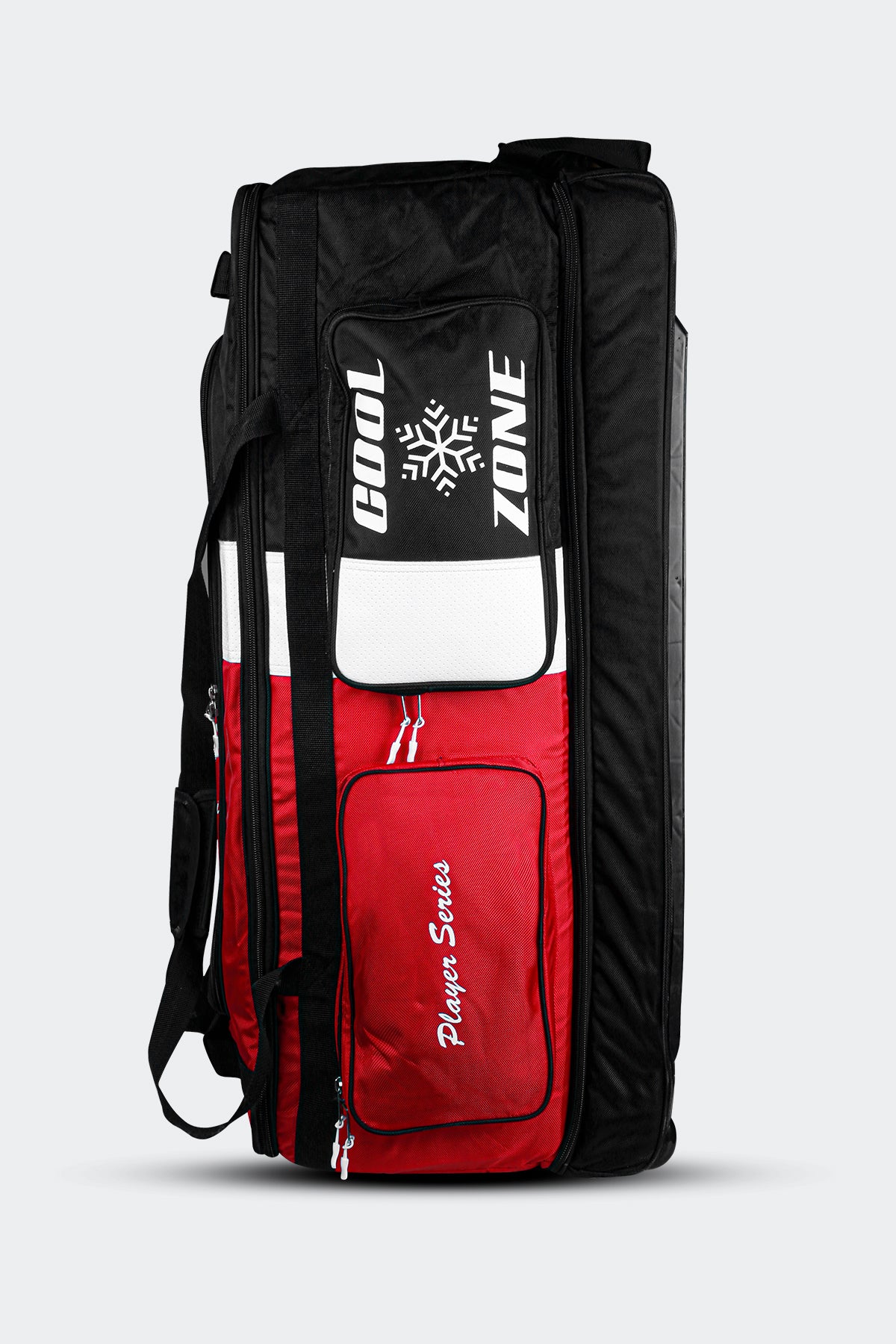 Evolution Player’s Series Wheelie Bag – premium 2100 Denier nylon cricket bag with structured stand-up box design, twin internal bat compartment, large lined main storage area, four external pockets including ‘Cool Zone’ for drinks, separate clothing section, triple wheel base, ergonomic dual handle system, and large top lid pocket