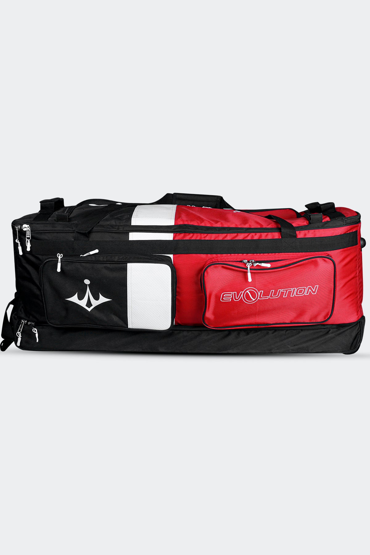 Evolution Player’s Series Wheelie Bag – premium 2100 Denier nylon cricket bag with structured stand-up box design, twin internal bat compartment, large lined main storage area, four external pockets including ‘Cool Zone’ for drinks, separate clothing section, triple wheel base, ergonomic dual handle system, and large top lid pocket
