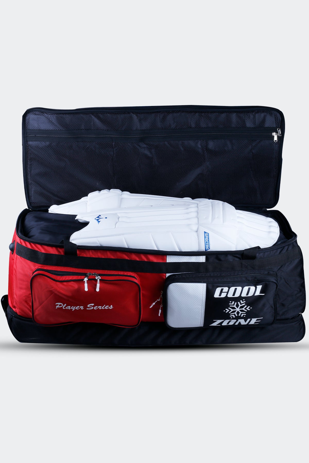 Evolution Player’s Series Wheelie Bag – premium 2100 Denier nylon cricket bag with structured stand-up box design, twin internal bat compartment, large lined main storage area, four external pockets including ‘Cool Zone’ for drinks, separate clothing section, triple wheel base, ergonomic dual handle system, and large top lid pocket