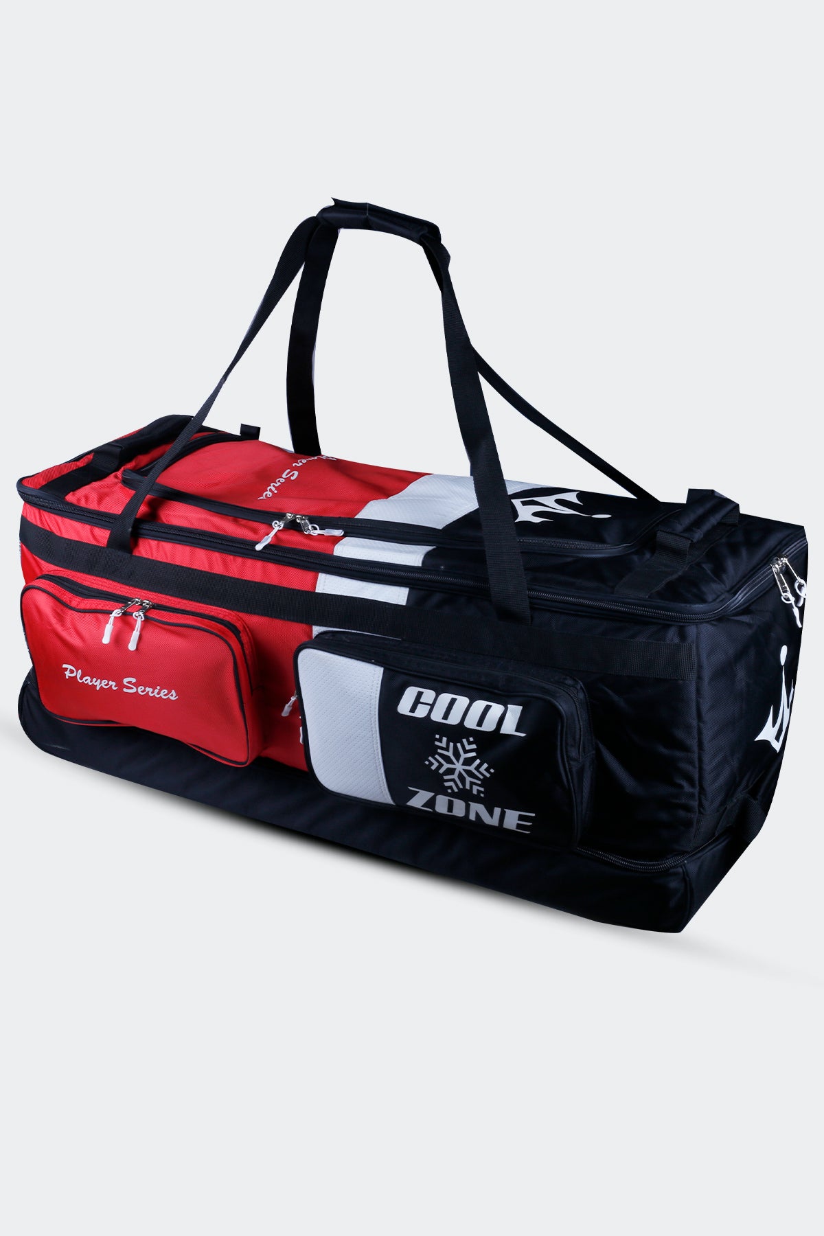 Evolution Player’s Series Wheelie Bag – premium 2100 Denier nylon cricket bag with structured stand-up box design, twin internal bat compartment, large lined main storage area, four external pockets including ‘Cool Zone’ for drinks, separate clothing section, triple wheel base, ergonomic dual handle system, and large top lid pocket