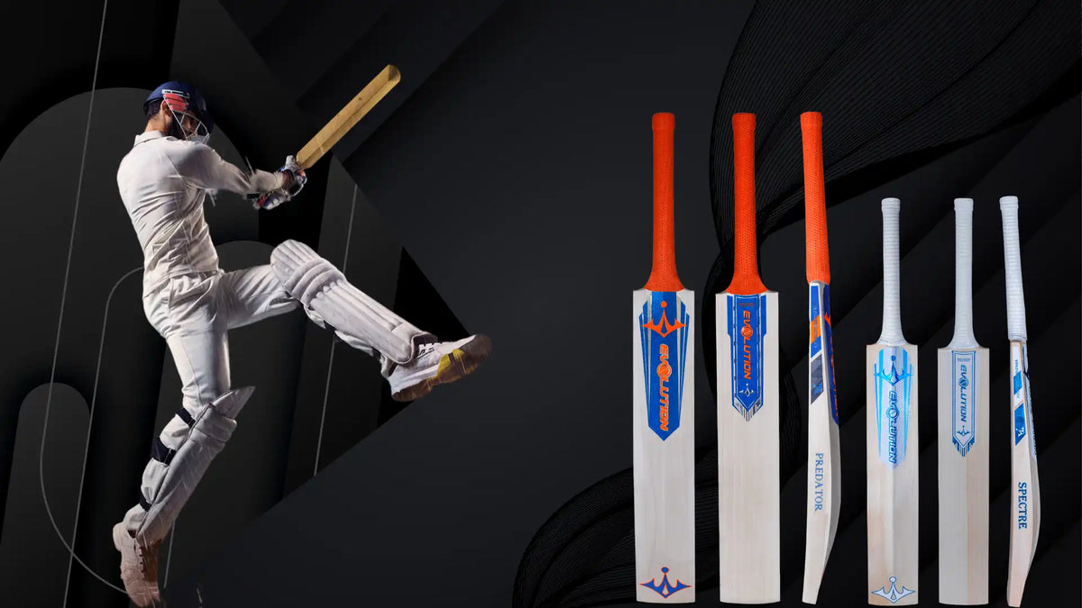 Cricketer in action with a dark background and cricket bats displayed on the right.